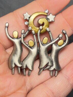 DD People Brooch Dancing Figures Moon Stars Vintage Figural Pin 2”